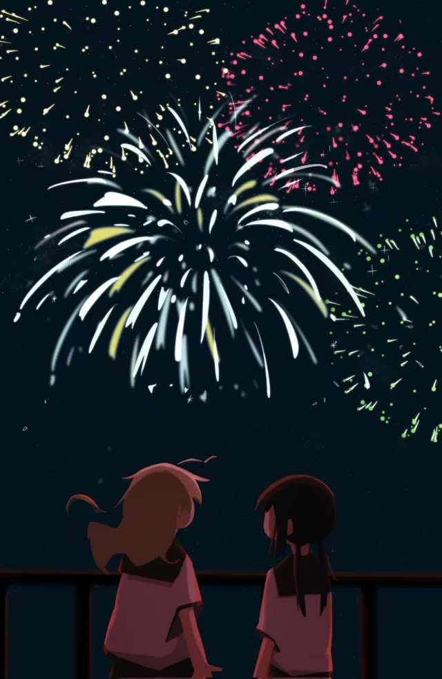 Two people watching fireworks beneath the night sky